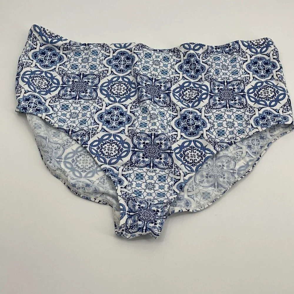 Boohoo Bikini Bottom 18 Womens Blue Plus Riley Casual Beach White Preppy Stretch
